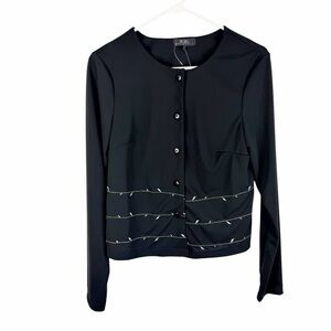 BCBG Max Azria Black Button Front Lady Jacket Top Embroidered Detail